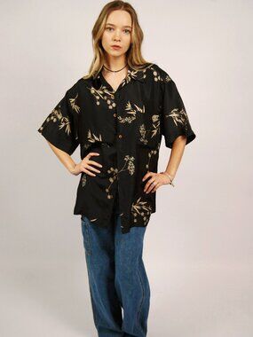 Y2K Silk Dress Shirt (M) medium black womens top vintage button up floral cute